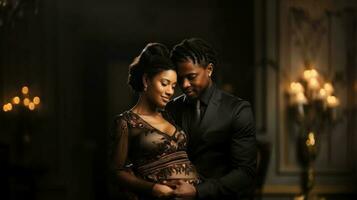 zwanger Afrikaanse Amerikaans vrouw met haar man in de kamer. generatief ai. foto