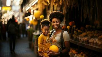 Afrikaanse Amerikaans moeder en dochter boodschappen doen in een straat voedsel markt. generatief ai. foto