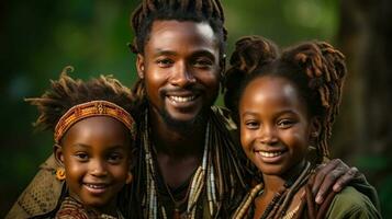 portret van een gelukkig Afrikaanse vader met kinderen staand in de park en lachend. generatief ai. foto