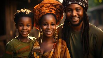 portret van een gelukkig Afrikaanse familie staand in de straat. generatief ai. foto