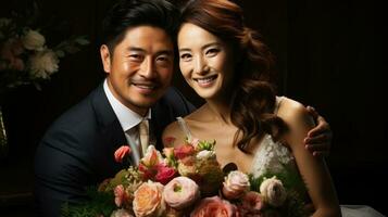 portret van een gelukkig Aziatisch bruid en bruidegom poseren met bloemen in hun bruiloft dag. generatief ai. foto