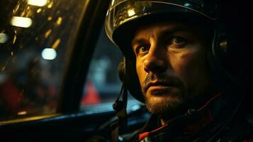 portret van een bestuurder Mens in een helm in de auto Bij nacht. generatief ai. foto