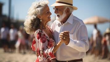 gelukkig senior paar dansen Aan de strand. generatief ai. foto