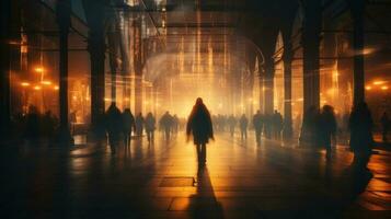 silhouet van volkeren wandelen door de stad Bij nacht. generatief ai. foto