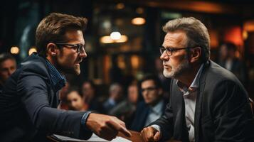 twee politiek bespreken Bij vergadering goedkeuren zijn mening Bij conferentie of debatteren met tegenstander. generatief ai. foto