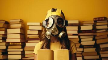 meisje in gas- masker met boeken Aan geel achtergrond. na nucleair oorlog onderwijs concept. generatief ai. foto