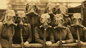 niet geïdentificeerd mensen met gas- maskers, sepia oud foto. generatief ai. foto