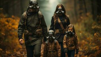 familie in een gas- masker wandelen Aan de achtergrond na een nucleair oorlog herfst Woud. generatief ai. foto