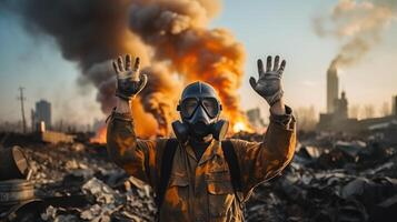 Mens in gas- masker en gasmasker met handen omhoog Aan brandend stad achtergrond. generatief ai. foto