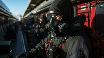 portret van een redden Mens in een gas- masker staand Aan de platform van station. generatief ai. foto
