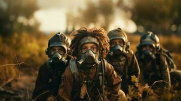 groep van kinderen in gas- maskers overleeft in straling veld. generatief ai. foto