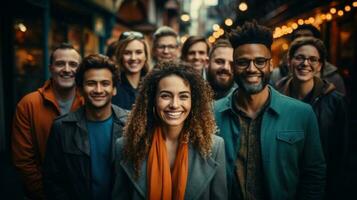 groep van vrienden wandelen in de stad. groep van multi-etnisch elegant mensen. generatief ai. foto