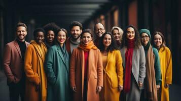 multi-etnisch groep van jong mensen in jassen en sjaals staand samen. generatief ai. foto