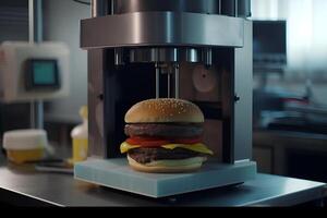 3d printer prints vlees hamburger. Koken apparaat van toekomst voor maken voedsel. huis toekomst technologie. realistisch samenstelling met werkwijze 3d het drukken van hamburger imitatie. ai gegenereerd foto