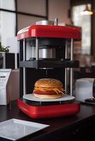 3d printer prints vlees hamburger. Koken apparaat van toekomst voor maken voedsel. huis toekomst technologie. realistisch samenstelling met werkwijze 3d het drukken van hamburger imitatie. ai gegenereerd foto