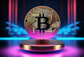 groot gouden bitcoin munt staan Aan neon roze en blauw bedrijf digitaal achtergrond met kopiëren ruimte foto