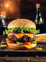 snel voedsel hamburger poster, hamburger ontwerp onderhoud Promotie sjabloon. hamburger folder voor restaurant menu, cafe, enz. generatief ai. foto