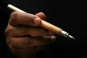 Aziatisch mannetje donker huid single hand- vuist vinger Aan zwart achtergrond Holding pen schrijven teken foto