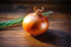 uien Aan een houten tafel. generatief ai. foto