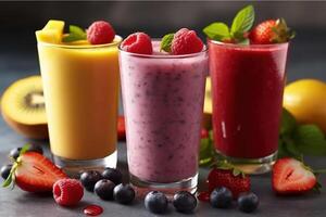 selectie assortiment van kleurrijk gezond vers fruit en groente smoothies met ingrediënten. generatief ai. foto