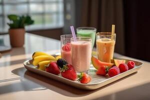 selectie assortiment van kleurrijk gezond vers fruit en groente smoothies met ingrediënten. generatief ai. foto