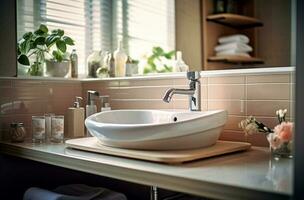 wastafel en badkamer in wit modern stijl met generatief ai foto