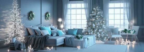 leven kamer versierd in Kerstmis stijl met generatief ai foto