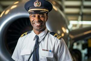 glimlachen mannetje piloot staand in voorkant van vliegtuig met generatief ai foto