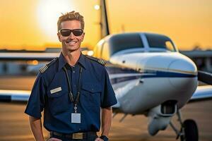 glimlachen mannetje piloot staand in voorkant van vliegtuig met generatief ai foto