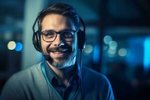 glimlachen mannetje telefoontje centrum operator werken in een kantoor met generatief ai foto