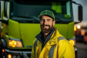 een glimlachen mannetje vrachtauto bestuurder staand in voorkant van zijn vrachtauto met generatief ai foto