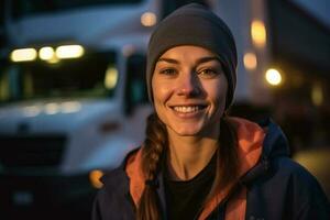 een glimlachen vrouw vrachtauto bestuurder staand in voorkant van haar vrachtauto met generatief ai foto