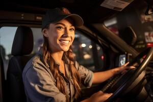 een glimlachen vrouw vrachtauto bestuurder Bij de wiel van een vrachtauto met generatief ai foto