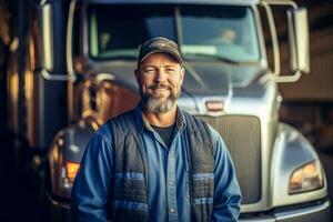 een glimlachen mannetje vrachtauto bestuurder staand in voorkant van zijn vrachtauto met generatief ai foto
