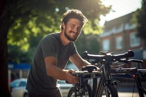 gelukkig Mens vaststelling fiets Aan een fiets rek met generatief ai foto