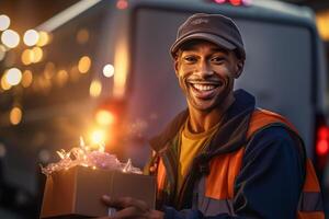 glimlachen levering Mens is Holding een pakket buiten een levering busje met generatief ai foto