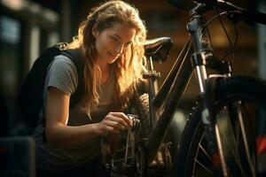 gelukkig vrouw vaststelling fiets Aan een fiets rek met generatief ai foto