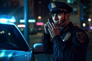 mannetje Politie officier sprekend Aan de radio met Politie auto achter hem met generatief ai foto