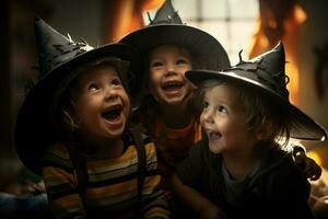 drie weinig kinderen in kostuum vieren halloween samen met generatief ai foto