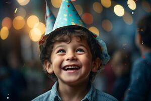 jong jongen glimlachen in partij hoed en Holding een confetti met generatief ai foto