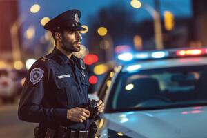 mannetje Politie officier sprekend Aan de radio met Politie auto achter hem met generatief ai foto