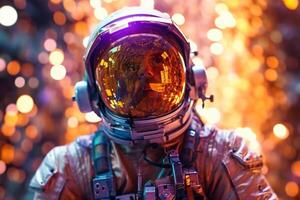 een gelukkig astronaut Mens in ruimte helm en ruimte thema met generatief ai foto