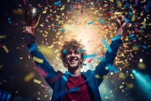 een gelukkig winnaar Aan stadium Holding trofee in zijn handen met kleurrijk licht confetti met generatief ai foto