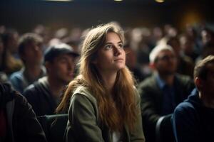 studenten luisteren naar lezing Bij een lezing theater met generatief ai foto