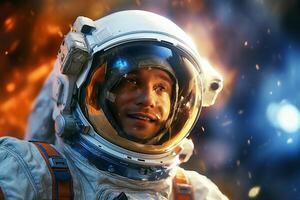 een gelukkig astronaut Mens in ruimte helm en ruimte thema met generatief ai foto