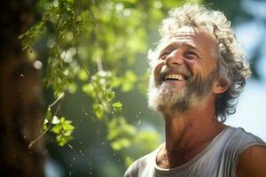 een gelukkig Mens is uitdunnen en trimmen boom met generatief ai foto