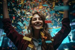 een gelukkig vrouw winnaar Aan stadium Holding trofee in zijn handen met kleurrijk licht confetti met generatief ai foto