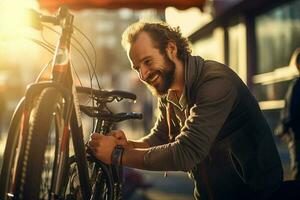 gelukkig Mens vaststelling fiets Aan een fiets rek met generatief ai foto