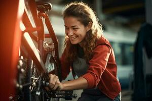 gelukkig vrouw vaststelling fiets Aan een fiets rek met generatief ai foto