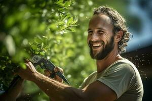 een gelukkig Mens is uitdunnen en trimmen boom met generatief ai foto